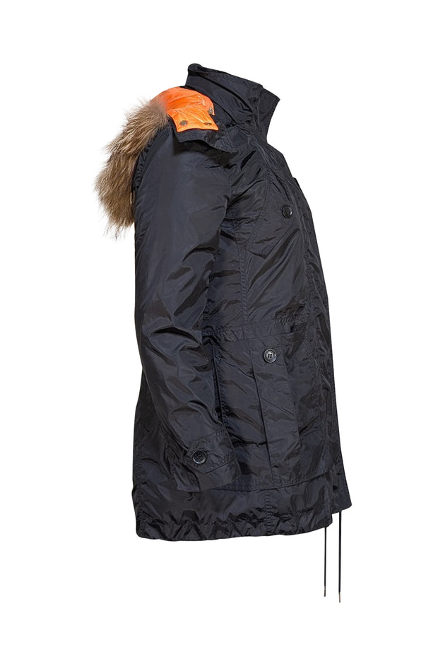 Burberry - Black Zipper Front Coat w/ Detachable Orange Puffer Coat Lining Sz L - Current Boutique