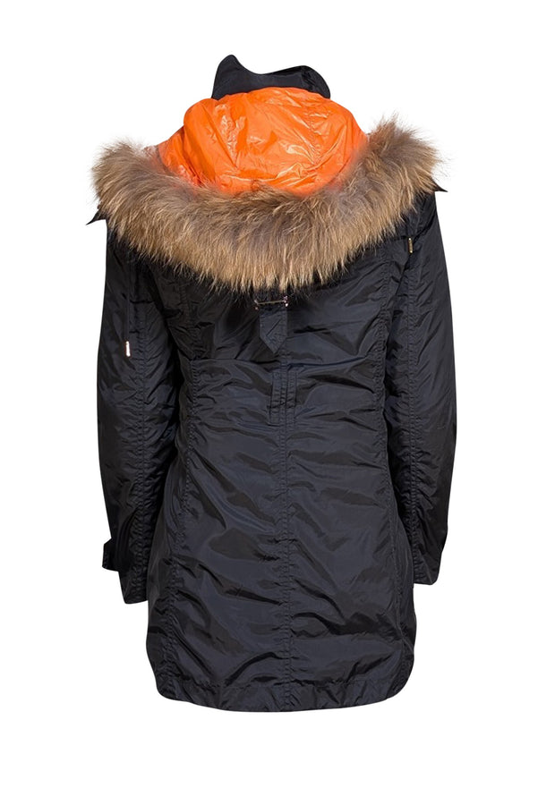 Burberry - Black Zipper Front Coat w/ Detachable Orange Puffer Coat Lining Sz L - Current Boutique