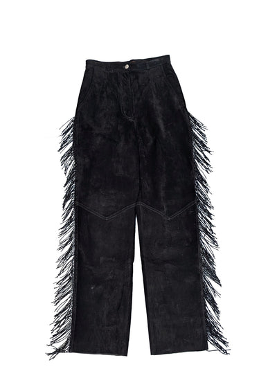 Double D Ranch - Black Suede Pants w/ Fringe Sz 6 - Current Boutique