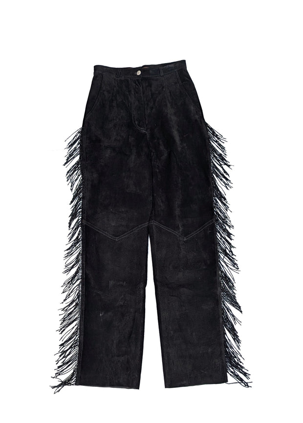 Double D Ranch - Black Suede Pants w/ Fringe Sz 6 - Current Boutique