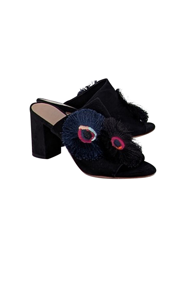 Loeffler Randall - Black Suede Mule Heels w/ Fringe Applique Detail Sz 6