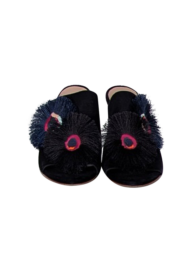 Loeffler Randall - Black Suede Mule Heels w/ Fringe Applique Detail Sz 6
