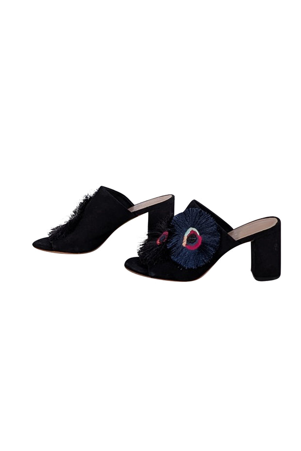 Loeffler Randall - Black Suede Mule Heels w/ Fringe Applique Detail Sz 6