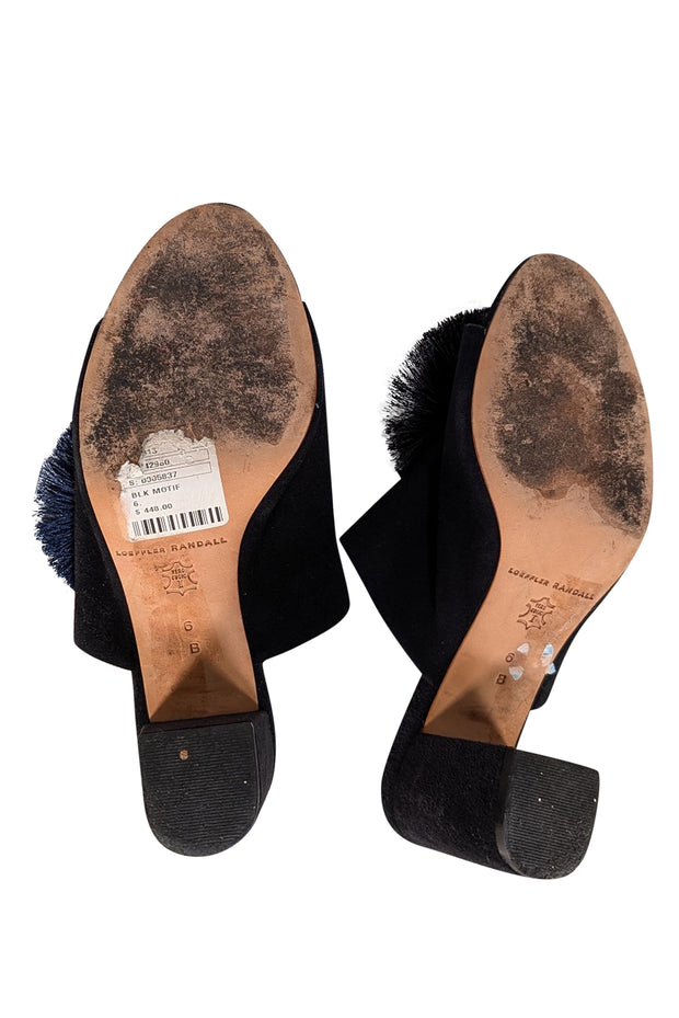Loeffler Randall - Black Suede Mule Heels w/ Fringe Applique Detail Sz 6