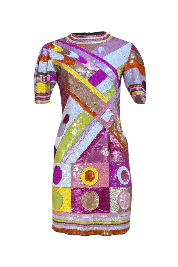 Vintage - Pink & Multi Color Sequin Short Sleeve Dress Sz M - Current Boutique