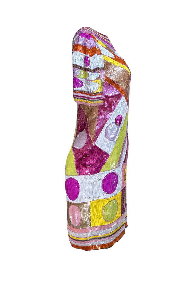 Vintage - Pink & Multi Color Sequin Short Sleeve Dress Sz M - Current Boutique