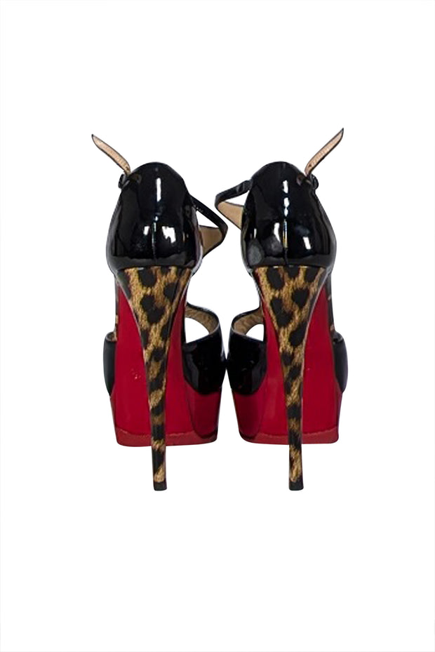 Christian Louboutin - Black & Red Patent Leather T Strap Platform Pumps Sz 7.5 - Current Boutique