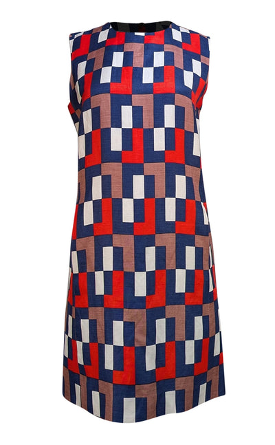 Milly - Navy, Red, Brown, & White Print Shift Dress Sz 6 - Current Boutique