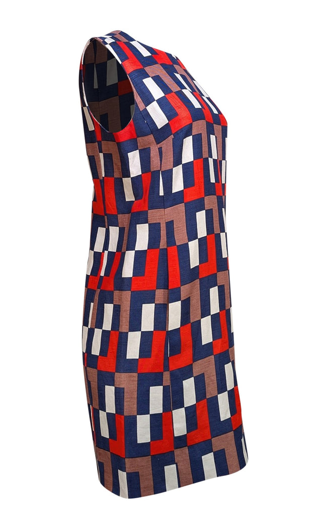 Milly - Navy, Red, Brown, & White Print Shift Dress Sz 6 - Current Boutique