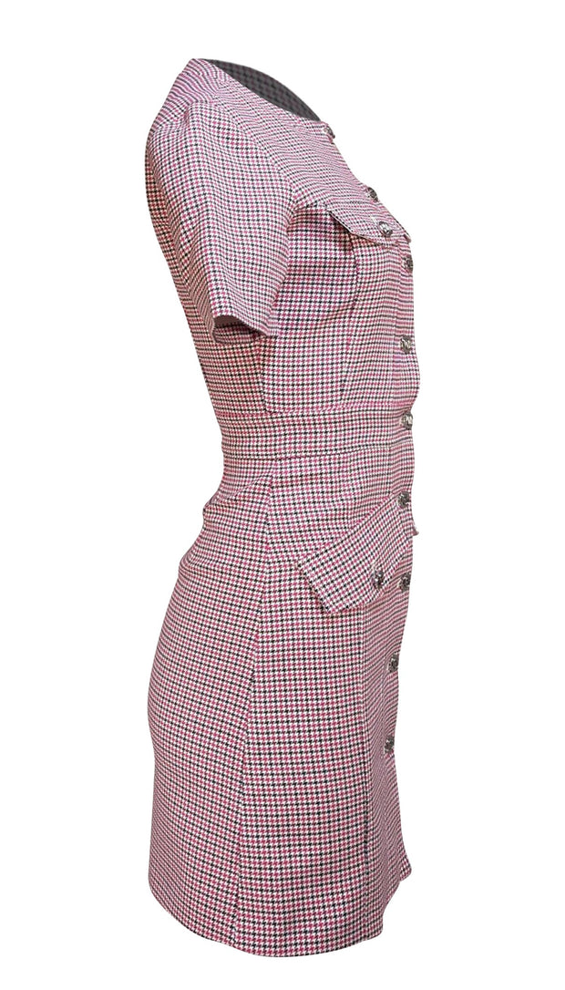 Maje - Pink, Black, & White Houndstooth Button Front Dress Sz 4 - Current Boutique