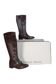 Etienne Aigner - Brown Leather Monogram Embossed Tall Boots Sz 7.5