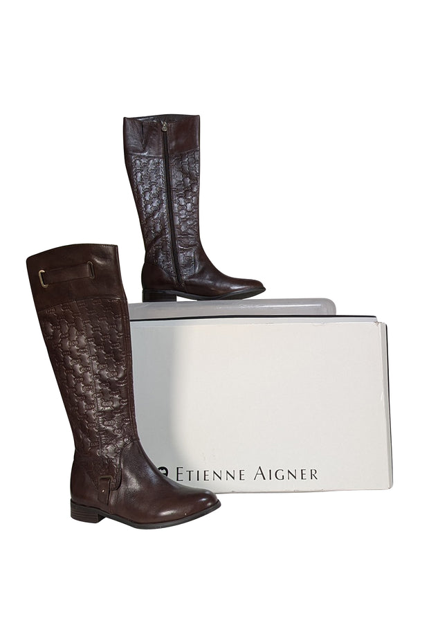 Etienne Aigner - Brown Leather Monogram Embossed Tall Boots Sz 7.5