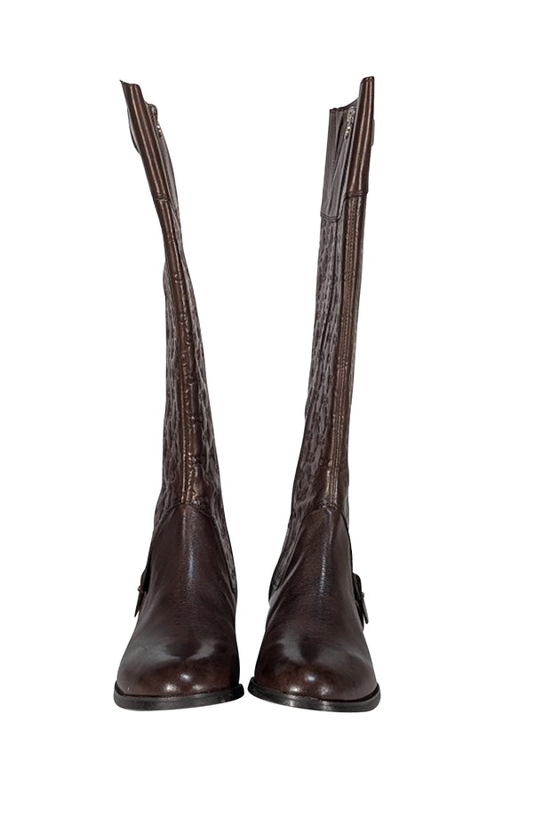 Etienne Aigner - Brown Leather Monogram Embossed Tall Boots Sz 7.5