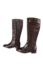 Etienne Aigner - Brown Leather Monogram Embossed Tall Boots Sz 7.5