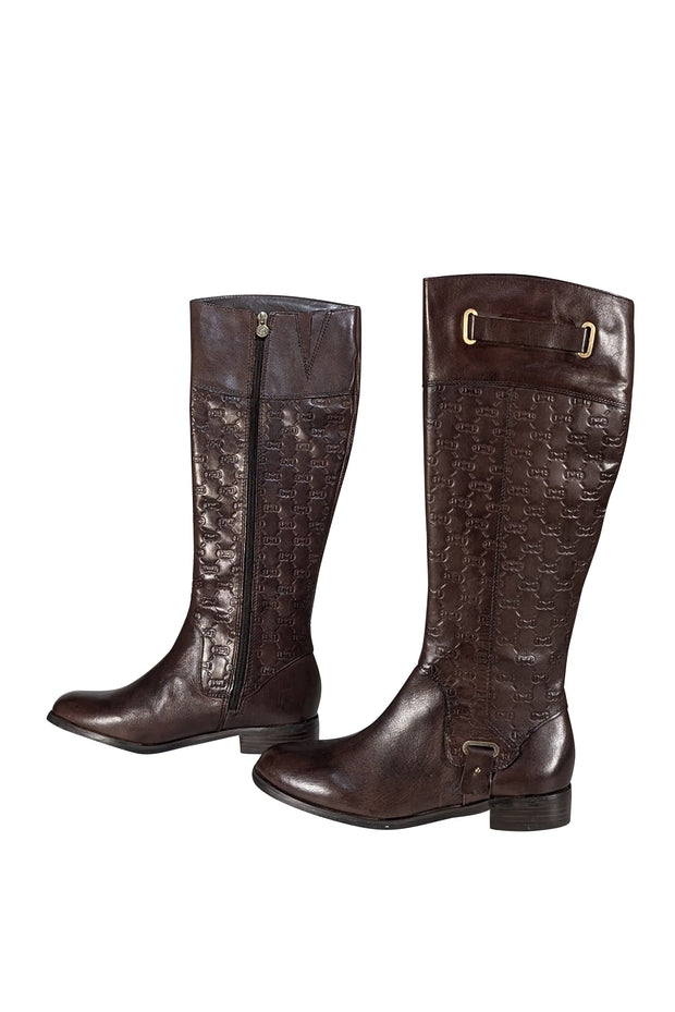 Etienne Aigner - Brown Leather Monogram Embossed Tall Boots Sz 7.5
