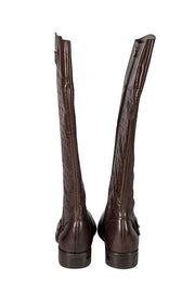 Etienne Aigner - Brown Leather Monogram Embossed Tall Boots Sz 7.5
