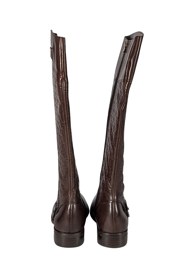 Etienne Aigner - Brown Leather Monogram Embossed Tall Boots Sz 7.5