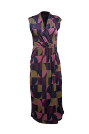 The Fold - Navy, Pink, Olive Green, & Maroon Print Wrap Bodice Dress Sz 6 - Current Boutique