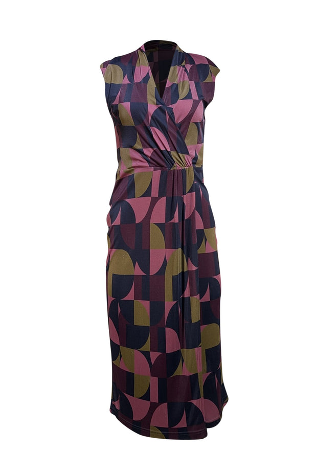 The Fold - Navy, Pink, Olive Green, & Maroon Print Wrap Bodice Dress Sz 6 - Current Boutique