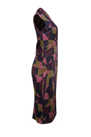 The Fold - Navy, Pink, Olive Green, & Maroon Print Wrap Bodice Dress Sz 6 - Current Boutique