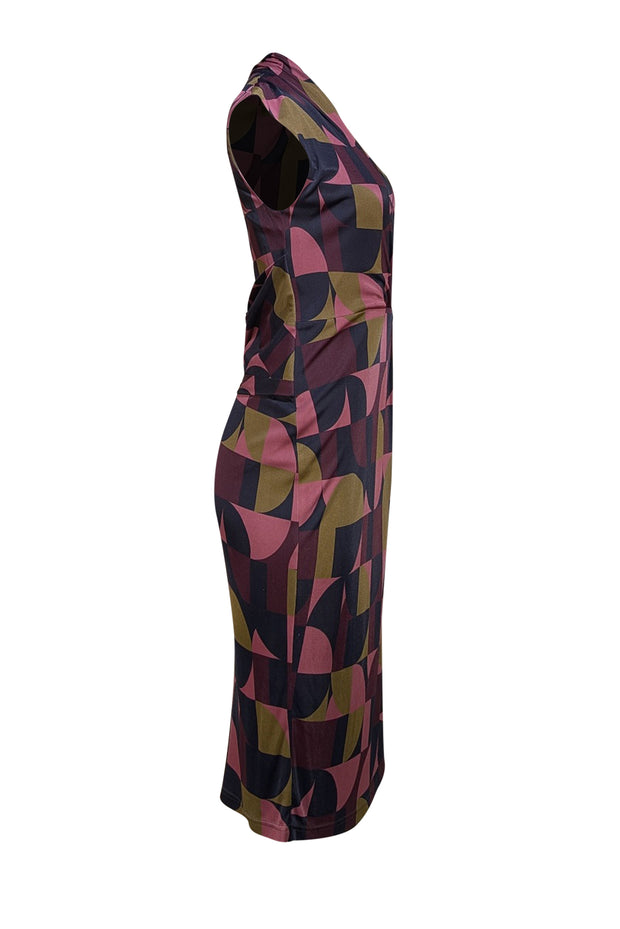 The Fold - Navy, Pink, Olive Green, & Maroon Print Wrap Bodice Dress Sz 6 - Current Boutique