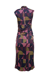 The Fold - Navy, Pink, Olive Green, & Maroon Print Wrap Bodice Dress Sz 6 - Current Boutique