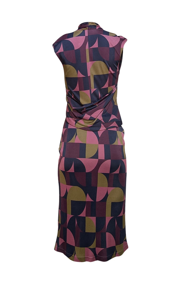 The Fold - Navy, Pink, Olive Green, & Maroon Print Wrap Bodice Dress Sz 6 - Current Boutique