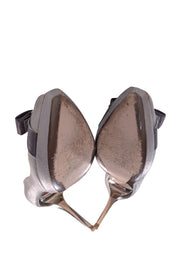 Ferragamo - Grey Leather Peep Toe Metallic Detail Heel Pumps Sz 6.5