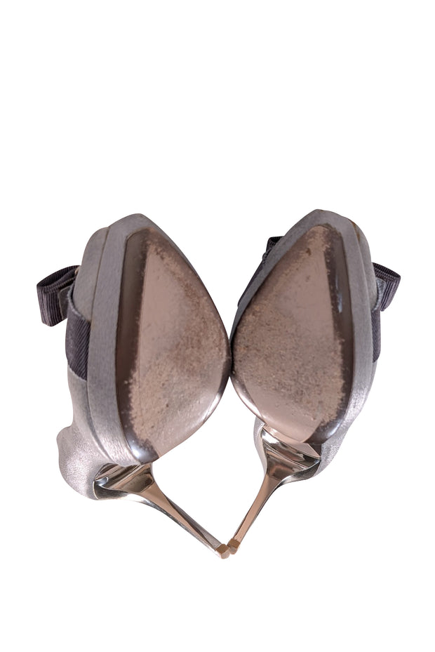 Ferragamo - Grey Leather Peep Toe Metallic Detail Heel Pumps Sz 6.5