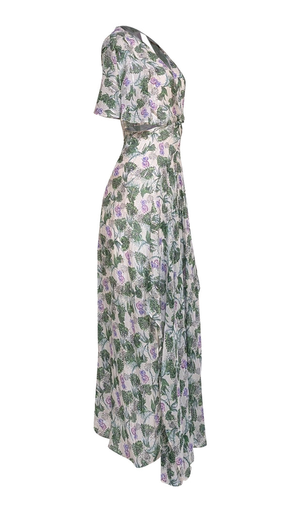 Maje - Ivory, Green, Lavender, & Silver Print Side Cut Out Maxi Dress Sz 2 - Current Boutique