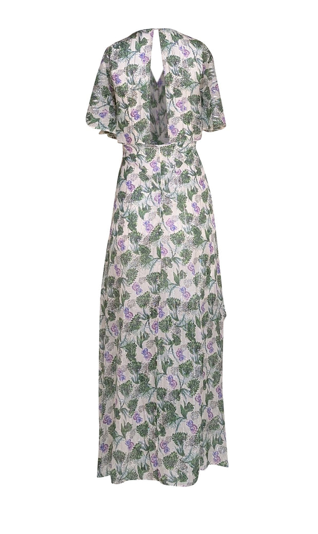 Maje - Ivory, Green, Lavender, & Silver Print Side Cut Out Maxi Dress Sz 2 - Current Boutique