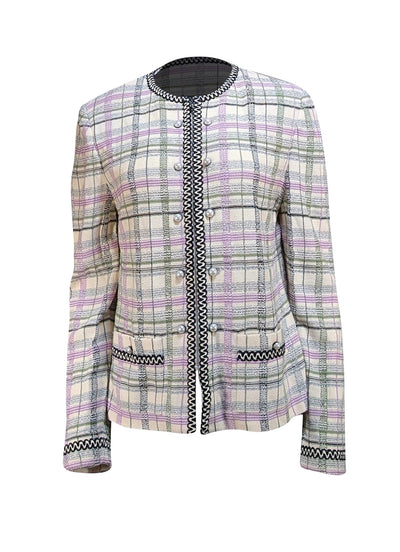 St. John - Ivory, Lavender, Green, & Black Plaid Zipper Front Pearl Trim Jacket Sz 14 - Current Boutique