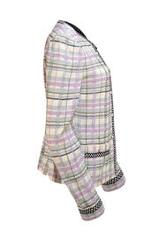St. John - Ivory, Lavender, Green, & Black Plaid Zipper Front Pearl Trim Jacket Sz 14 - Current Boutique