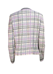 St. John - Ivory, Lavender, Green, & Black Plaid Zipper Front Pearl Trim Jacket Sz 14 - Current Boutique