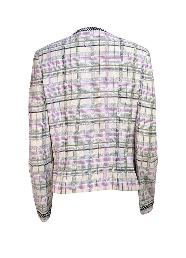 St. John - Ivory, Lavender, Green, & Black Plaid Zipper Front Pearl Trim Jacket Sz 14 - Current Boutique