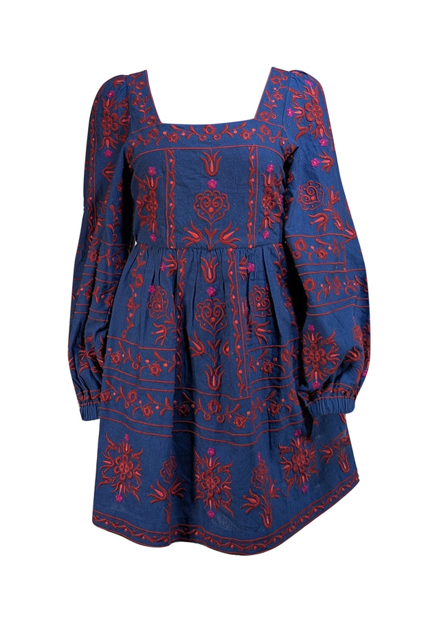 Sea NY - Navy w/ Red Embroidered Detail Square Neckline Mini "Petunia" Dress Sz 00 - Current Boutique