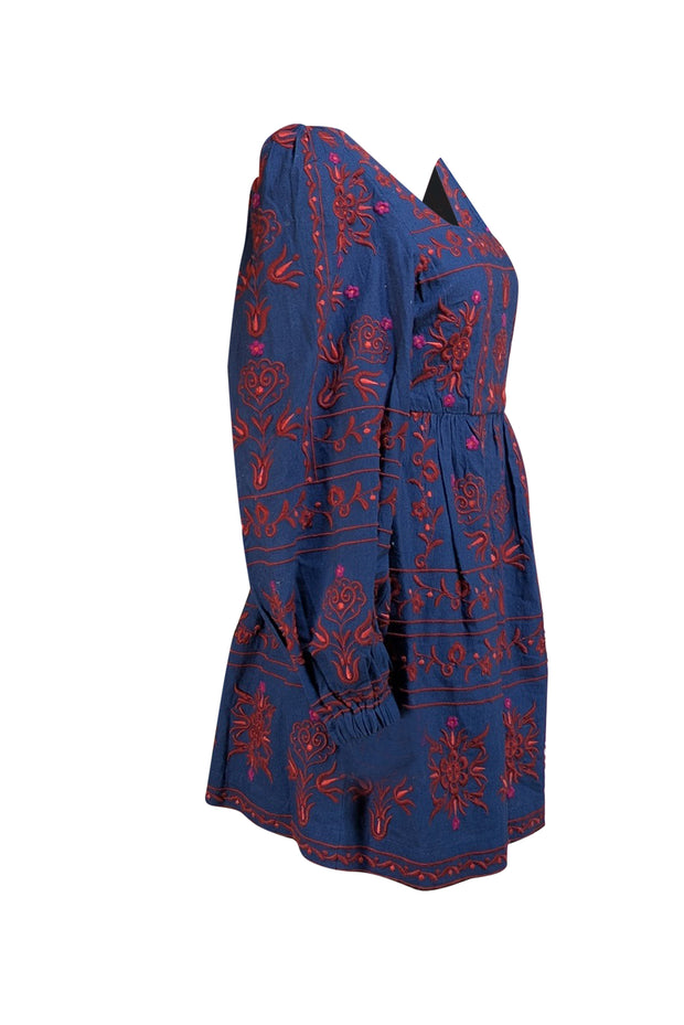Sea NY - Navy w/ Red Embroidered Detail Square Neckline Mini "Petunia" Dress Sz 00 - Current Boutique
