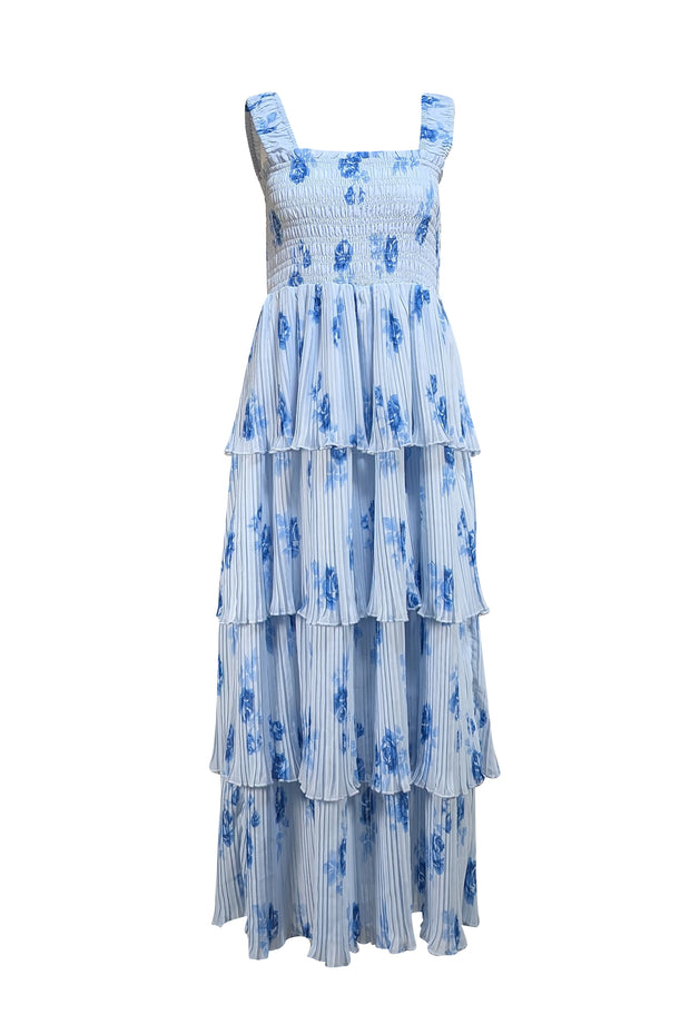 Ganni - Light Blue Floral Smocked Bodice Tiered Maxi Dress Sz 6 - Current Boutique
