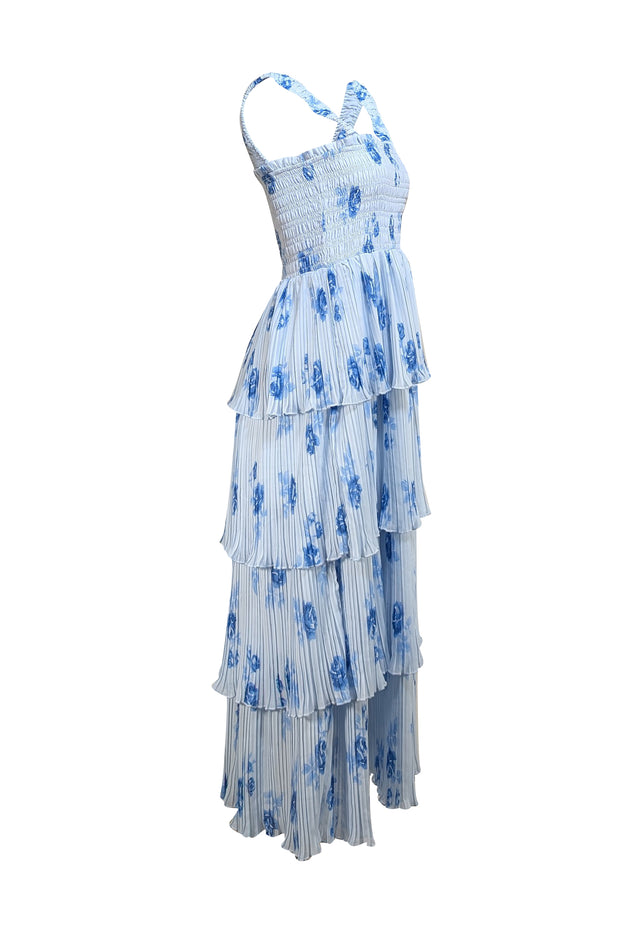 Ganni - Light Blue Floral Smocked Bodice Tiered Maxi Dress Sz 6 - Current Boutique
