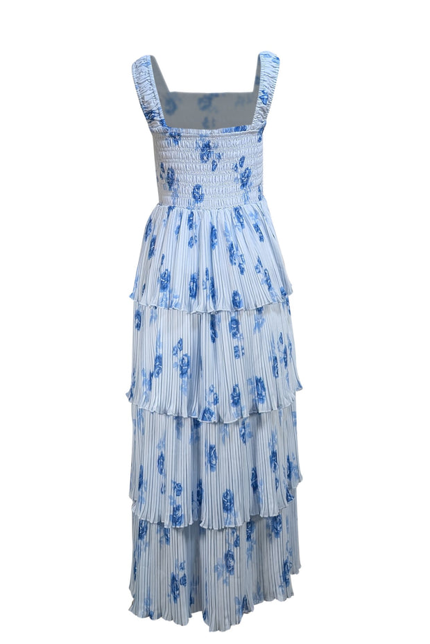 Ganni - Light Blue Floral Smocked Bodice Tiered Maxi Dress Sz 6 - Current Boutique