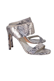 Stuart Weitzman - Grey, Cream, & Silver Snakeskin Embossed Leather Mule Heels Sz 10