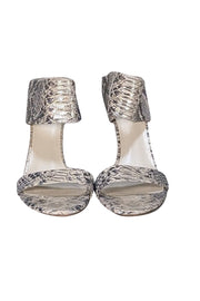 Stuart Weitzman - Grey, Cream, & Silver Snakeskin Embossed Leather Mule Heels Sz 10