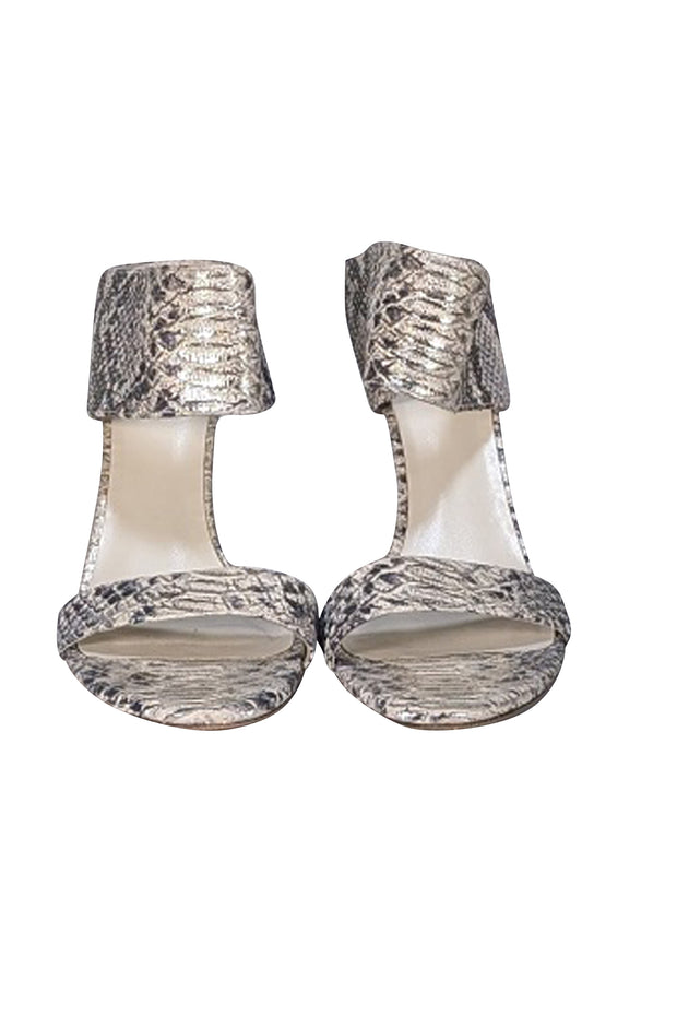 Stuart Weitzman - Grey, Cream, & Silver Snakeskin Embossed Leather Mule Heels Sz 10
