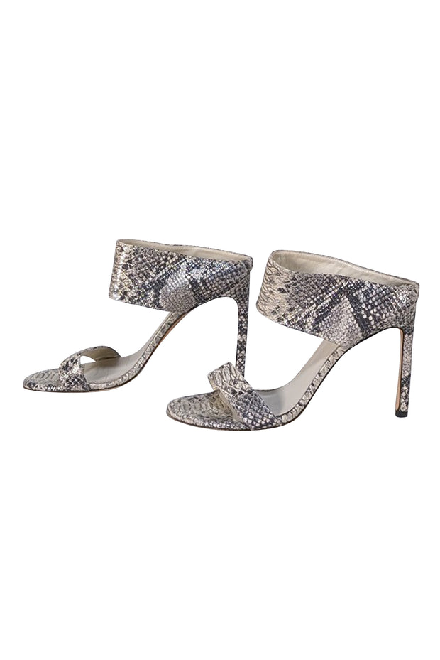 Stuart Weitzman - Grey, Cream, & Silver Snakeskin Embossed Leather Mule Heels Sz 10