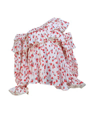 Self-Portrait - Cream w/ Red Poppy Floral Print Plisse Pleated Off The Shoulder Blouse Sz 2 - Current Boutique