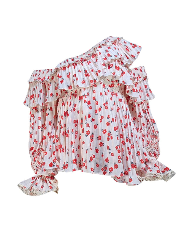 Self-Portrait - Cream w/ Red Poppy Floral Print Plisse Pleated Off The Shoulder Blouse Sz 2 - Current Boutique