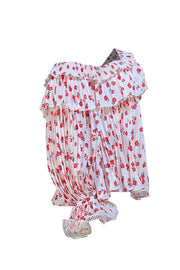 Self-Portrait - Cream w/ Red Poppy Floral Print Plisse Pleated Off The Shoulder Blouse Sz 2 - Current Boutique