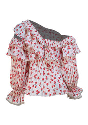 Self-Portrait - Cream w/ Red Poppy Floral Print Plisse Pleated Off The Shoulder Blouse Sz 2 - Current Boutique