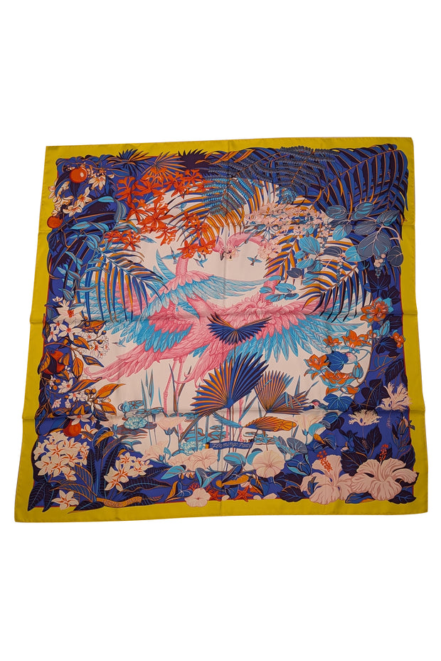 Hermes - Yellow, Blue, & Multicolor Floral "Flamingo Party" Silk Scarf - Current Boutique