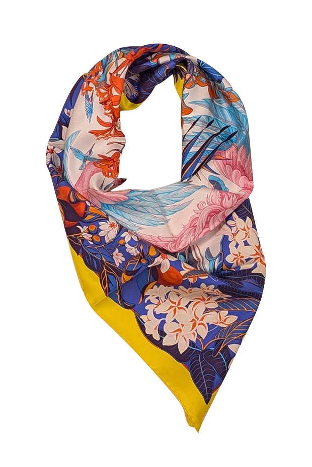 Hermes - Yellow, Blue, & Multicolor Floral "Flamingo Party" Silk Scarf - Current Boutique
